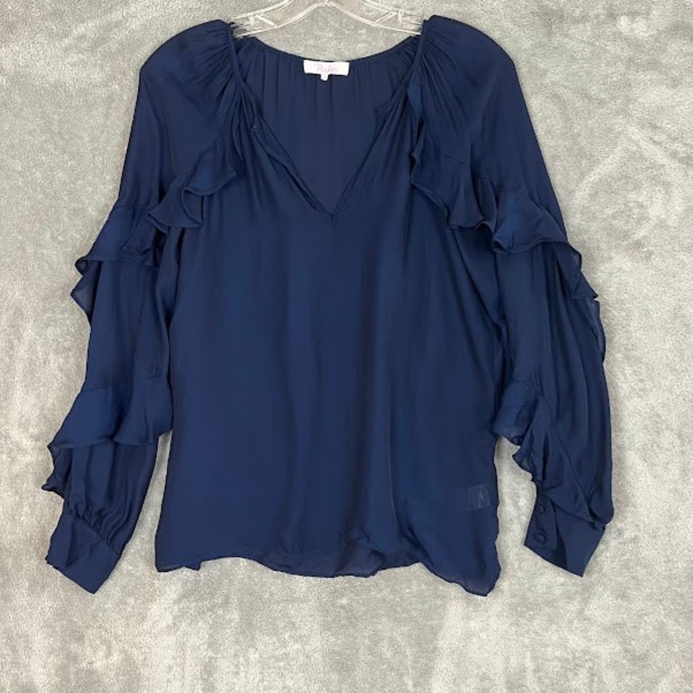 Parker New York Blouse Womens XS Navy Blue Long Sleeve Silk Blend Ruffle Whimsy
